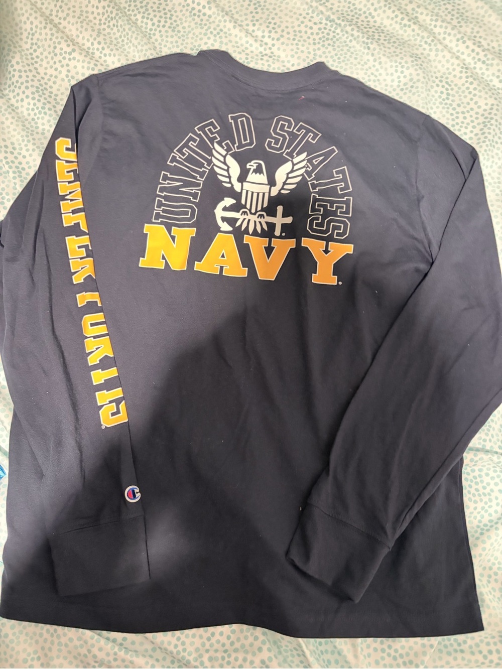 Champion Navy Long Sleeve Tee with Gold NAVY Graphic
